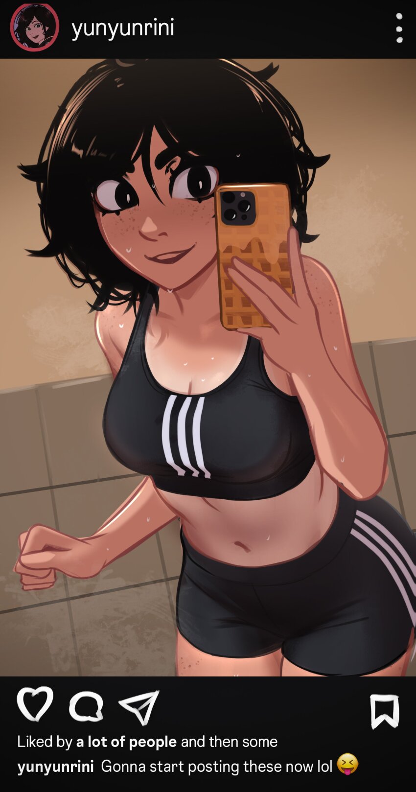 absurdres belly body_freckles food freckles highres instagram_username mirror_selfie navel selfie tomboy veyonis waffle yuna_(veyonis)