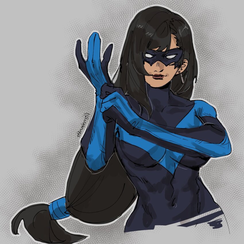 1girl adjusting_clothes adjusting_gloves batman_(series) black_bodysuit black_hair bodysuit breasts cosplay dc_comics final_fantasy final_fantasy_vii gloves highres long_hair low-tied_long_hair medium_breasts nightwing nightwing_(comic) nightwing_(cosplay) simple_background solo square_enix standing strawderryst tifa_lockhart upper_body