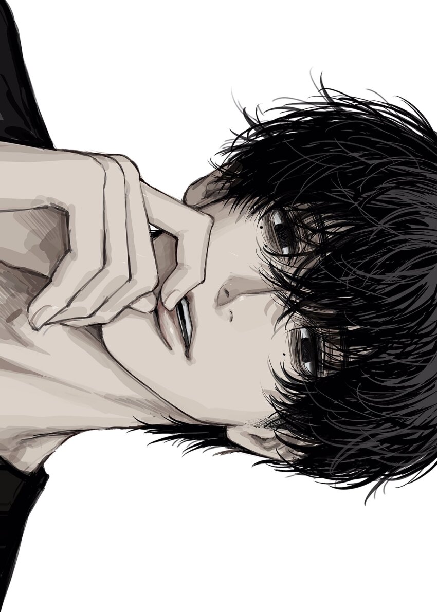 1boy black_eyes black_hair close-up crossed_bangs expressionless hand_to_own_mouth highres looking_at_viewer male_focus mole mole_under_eye multiple_moles parted_lips sakamoto_days seba_natsuki short_hair simple_background solo sso_s teeth white_background