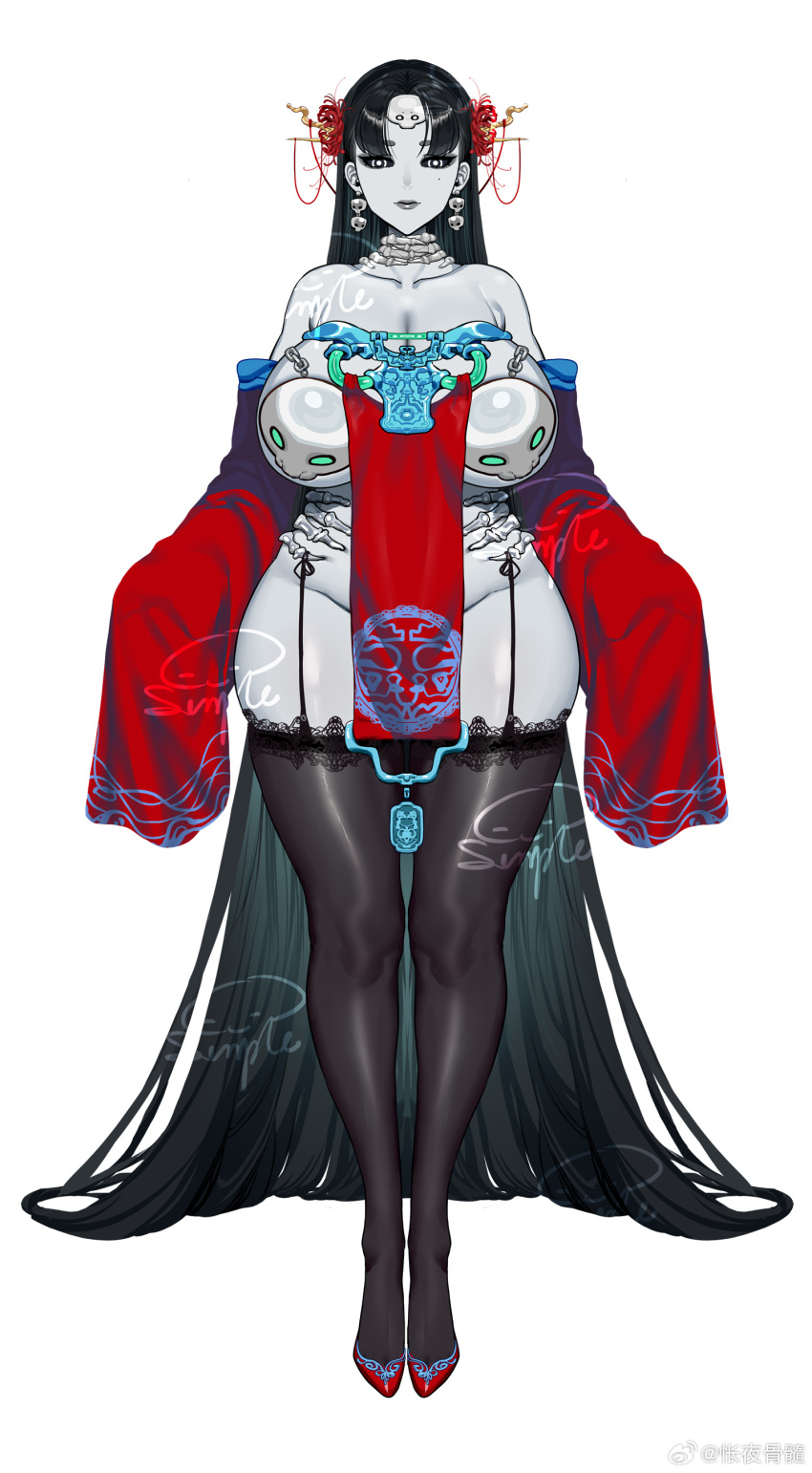 1girl absurdly_long_hair b.sa_(bbbs) bare_shoulders black_hair black_thighhighs breasts colored_skin detached_sleeves flower full_body grey_skin hair_ornament hands_on_own_hips highres jewelry large_breasts long_hair looking_at_viewer original red_footwear simple_background sleeves_past_wrists solo standing thighhighs very_long_hair white_background