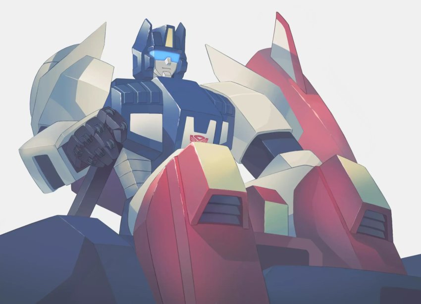assault_visor autobot frostedmirror highres holding looking_ahead mecha no_humans robot science_fiction smile solo star_saber_(transformers) transformers transformers_victory white_background