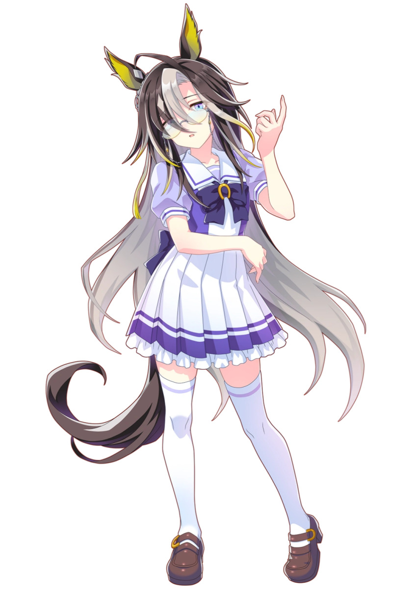 1girl animal_ears black_hair black_tail blonde_hair blue_eyes bow bowtie breasts brown_shoes collarbone colored_inner_hair dream_journey_(umamusume) ear_ornament female_focus flat_chest full_body game_cg glasses hair_between_eyes highres horse_ears horse_girl horse_tail kneehighs legs long_hair looking_at_viewer medium_skirt multicolored_eyes multicolored_hair neckerchief official_art open_mouth pleated_skirt purple_bow purple_bowtie purple_eyes purple_neckerchief purple_serafuku sailor_collar school_uniform serafuku shoes short_sleeves simple_background skirt small_breasts socks solo standing streaked_hair tail thighhighs thighs tracen_school_uniform two-tone_eyes two-tone_hair umamusume very_long_hair white_background white_hair white_sailor_collar white_skirt white_streaks white_thighhighs zettai_ryouiki