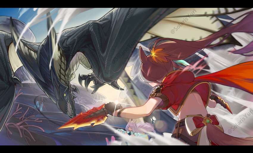 2girls absurdres animal_ears black_background boots breasts brown_footwear cape clenched_hand commentary_request cropped_jacket dragon ear_ornament fighting fingerless_gloves from_behind gloves gradient_cape hair_between_eyes highres horse_ears horse_girl horse_tail jacket long_hair mejiro_mcqueen_(end_of_sky)_(umamusume) mejiro_mcqueen_(umamusume) multicolored_hair multiple_girls official_alternate_costume official_alternate_hairstyle open_mouth partial_commentary petticoat ponytail purple_hair red_jacket red_skirt short_sleeves simple_background skirt small_breasts smile solarisyuri! solo_focus streaked_hair tail teeth thigh_boots tokai_teio_(beyond_the_horizon)_(umamusume) tokai_teio_(umamusume) twitter_username umamusume upper_teeth_only v white_hair