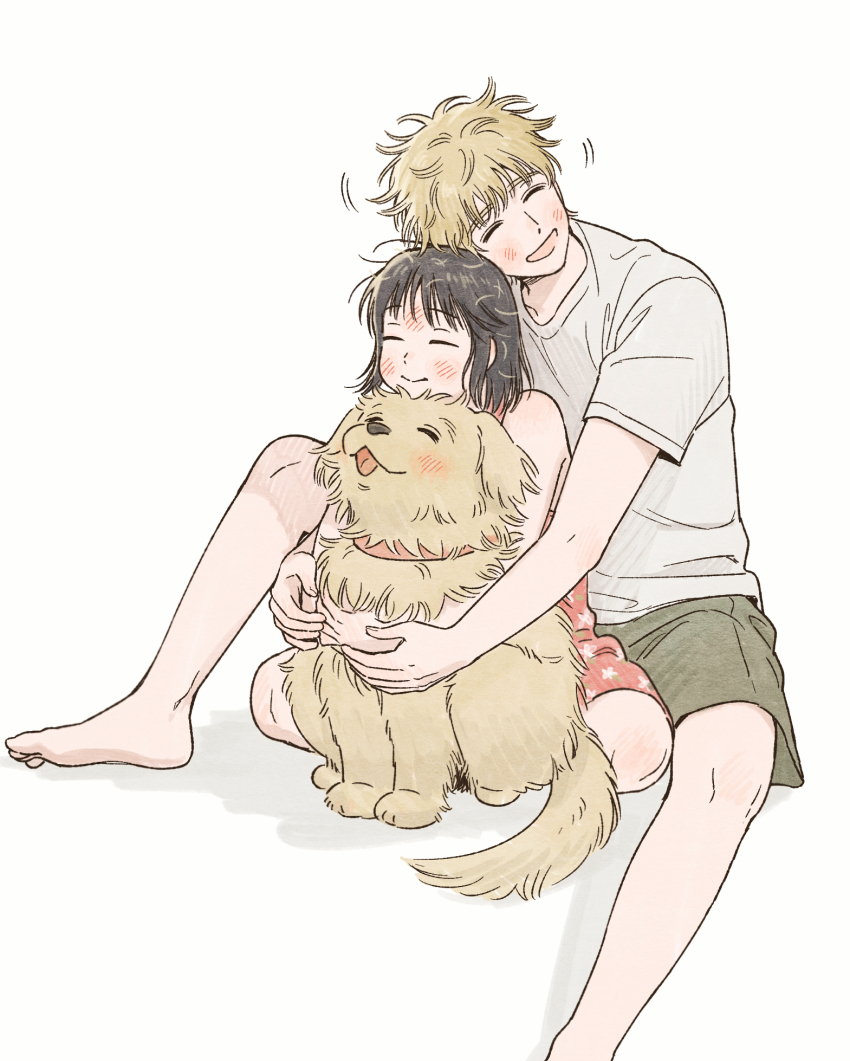 1boy 1girl :&gt; animal animal_collar animal_hair animal_hug bare_shoulders black_hair blonde_hair blunt_bangs blush closed_eyes closed_mouth collar collarbone_peek dog dress floral_print floral_print_dress foot_out_of_frame forehead_blush front-to-back gatan666 golden_retriever green_shorts grey_shirt happy heads_together hetero highres hug hug_from_behind indian_style iwakura_mitsumi messy_hair motion_lines nuzzle open_mouth print_dress red_dress shadow shima_sousuke shirt short_hair short_sleeves shorts simple_background sitting sitting_between_lap size_difference skip_to_loafer sleeveless sleeveless_dress smile spread_legs thick_eyebrows white_background