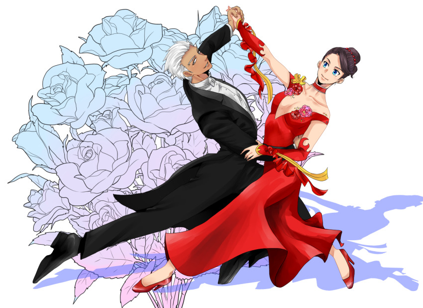 1boy 1girl alternate_hairstyle archer_(fate) blue_eyes brown_hair choker dancing dark-skinned_male dark_skin dress dress_flower fate/stay_night fate_(series) flamenco flamenco_dress flower formal_clothes grey_eyes hair_bun hair_up high_heels hotaru_(ss801) red_dress single_hair_bun suit tohsaka_rin white_hair