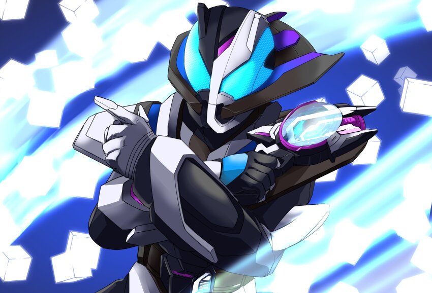 1boy animal_ears armor asymmetrical_armor asymmetrical_gloves black_armor blue_eyes commentary compound_eyes crossed_arms english_commentary fox_ears from_side gloves gun highres holding holding_weapon kamen_rider kamen_rider_geats_(series) kamen_rider_ziin laser_raise_riser male_focus mismatched_animal_ear_colors mismatched_gloves miyabi_(037) single_shoulder_pad solo upper_body weapon white_armor ziin_(kamen_rider_geats)