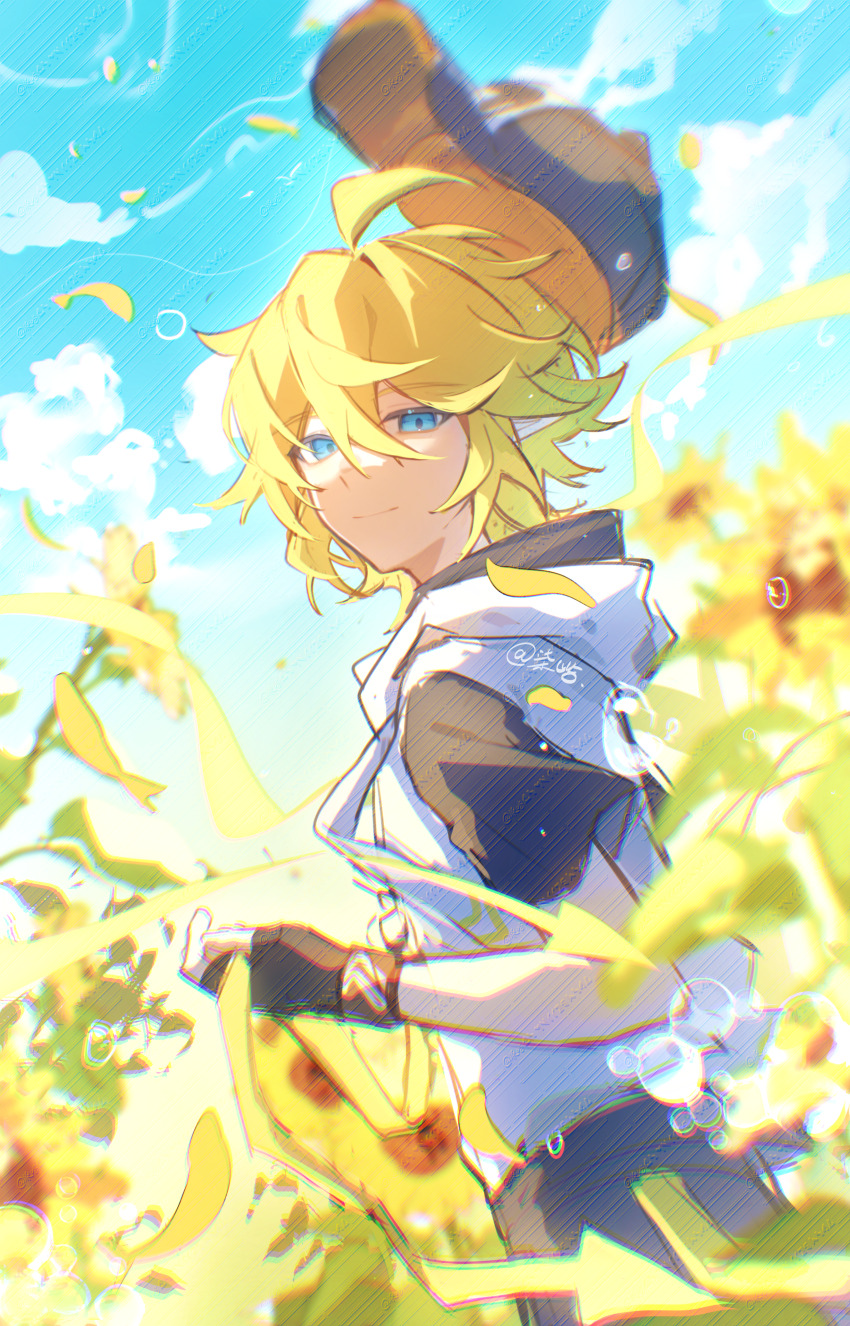 1boy absurdres ahoge aotu_world arrow_(symbol) artist_name baseball_cap black_gloves black_hat black_shorts blonde_hair blue_eyes blue_sky blurry blurry_foreground closed_mouth cloud day drawstring falling_petals fingerless_gloves flower from_side gloves hair_between_eyes hat highres holding holding_ribbon hood hood_down hoodie king_(aotu_world) looking_at_viewer male_focus multicolored_hat multicolored_hoodie outdoors pants petals qiyu1125king ribbon shirt short_hair short_sleeves shorts sky smile solo sunflower unworn_hat unworn_headwear watermark white_hoodie yellow_flower yellow_petals yellow_ribbon