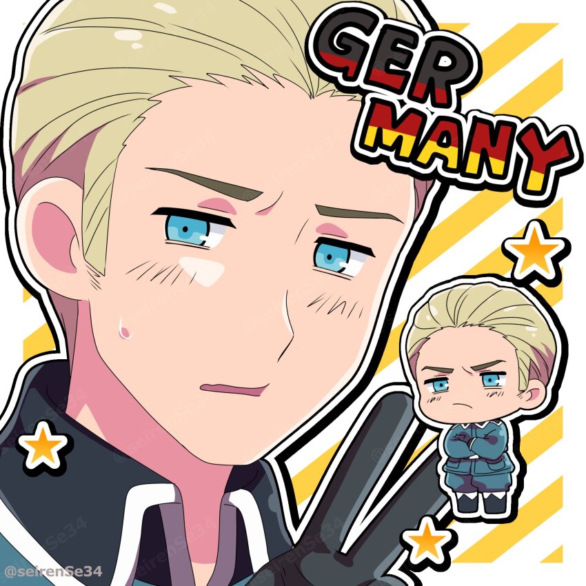 1boy aqua_jacket aqua_pants artist_name axis_powers_hetalia baggy_pants belt black_belt black_boots black_gloves blonde_hair blue_eyes blush boots border chibi chibi_inset closed_mouth collared_jacket crossed_arms germany_(hetalia) gloves highres himaruya_hidekazu_(style) jacket looking_at_viewer multiple_views open_mouth outside_border pants pocket seirense34 short_hair star_(symbol) striped_background sweatdrop upper_body v v-shaped_eyebrows watermark white_background white_border