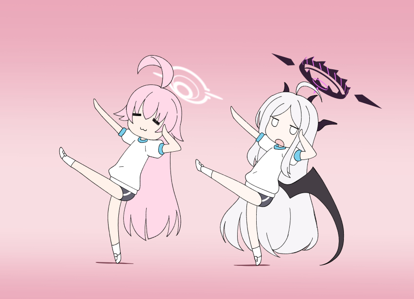 2girls :3 =_= absurdres ahoge alternate_costume black_buruma black_halo blue_archive buruma closed_mouth commentary demon_girl demon_horns demon_wings full_body grey_hair gym_shirt gym_uniform hair_between_eyes halo highres hina_(blue_archive) horns hoshino_(blue_archive) huge_ahoge ikurage_(namakurage_13) jitome kill_me_baby kill_me_dance leg_up long_hair multiple_girls outstretched_arm parody parted_bangs pink_background pink_hair pink_halo shirt sidelocks simple_background smile standing standing_on_one_leg very_long_hair white_shirt wings