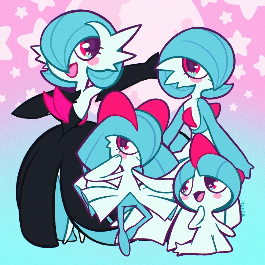 alternate_color artist_name black_dress black_gloves blue_hair bob_cut bowl_cut dress elbow_gloves evolutionary_line gardevoir gen_3_pokemon gloves hair_over_one_eye highres horns kirlia mega_gardevoir mega_pokemon nintendo pink_eyes pokemon pokemon_(creature) ralts shiny_pokemon sidelocks smile star_(symbol) star_symbol_background strapless strapless_dress tonestarr white_dress