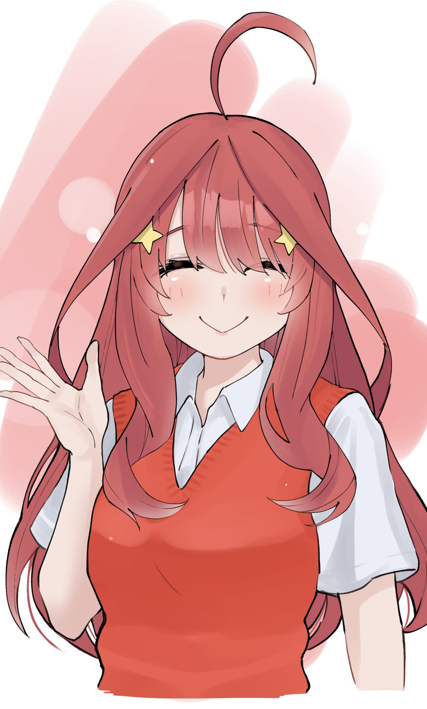 1girl absurdres ahoge blush closed_eyes closed_mouth collared_shirt go-toubun_no_hanayome hair_between_eyes hair_ornament highres ldeeeeeeeeeejo long_hair looking_at_viewer nakano_itsuki red_background red_hair red_sweater_vest shirt smile solo star_(symbol) star_hair_ornament sweater_vest waving white_shirt