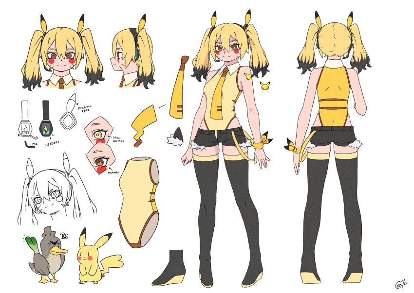 1girl absurdres alternate_costume animal_ears ass bare_shoulders bird black_hair black_shorts black_thighhighs blonde_hair boots breasts bright_pupils character_tattoo colored_tips cosplay crim_(crim7x) facial_mark food from_behind galarian_farfetch&#039;d galarian_form game_freak gen_1_pokemon gen_8_pokemon hatsune_miku headset highres holding holding_food holding_spring_onion holding_vegetable leotard lightning_bolt_symbol mark_under_both_eyes multicolored_hair multiple_views necktie nintendo pikachu pikachu_(cosplay) pikachu_ears pikachu_tail pokemon pokemon_(creature) pokemon_tail reference_sheet short_shorts shorts shoulder_tattoo small_breasts smile spring_onion tail tattoo thigh_boots thighhighs turnaround twintails two-tone_hair vegetable vocaloid whisker_markings white_background white_pupils yellow_eyes yellow_leotard yellow_necktie