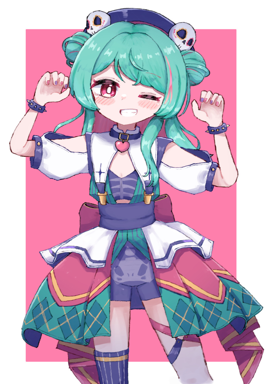 1girl aqua_hair arm_cutout belt_collar black_hat black_sash black_shorts blush bracelet claw_pose clenched_teeth collar commentary_request double_bun feet_out_of_frame hair_bun hat hat_ornament heart_pendant highres indie_virtual_youtuber jewelry leg_wrap long_hair looking_at_viewer nail_polish one_eye_closed open_mouth pendant_collar red_eyes saeki_yahiro sash sasugane_watashi short_sleeves shorts single_thighhigh skirt skull_hat_ornament solo spiked_bracelet spikes standing teeth thighhighs virtual_youtuber