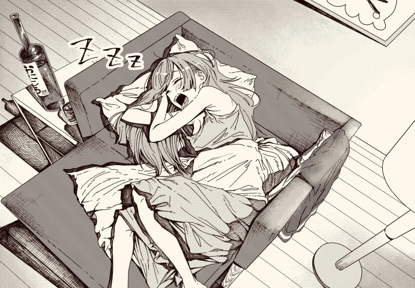 1girl alcohol bocchi_the_rock! couch greyscale highres hiroi_kikuri long_hair monochrome open_mouth poteko_(poteko11250319) sleeping sleeveless
