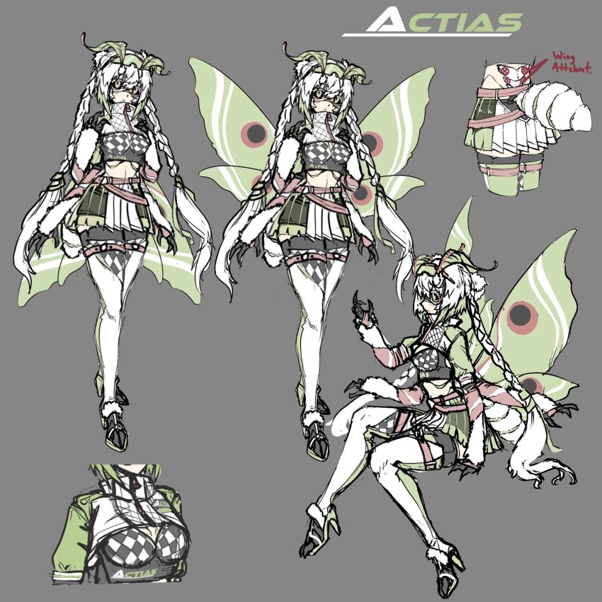 1girl abdomen_tail antennae arthropod_girl black_sclera braid breasts checkered_bikini_top colored_sclera extra_arms green_eyes green_hair grey_background highres indie_virtual_youtuber insect_girl insect_wings juniper_(artist) juniper_actias juniper_actias_(racing_queen) large_breasts long_hair moth_antennae moth_girl moth_wings race_queen reference_sheet thighhighs twin_braids virtual_youtuber white_hair white_thighhighs wings