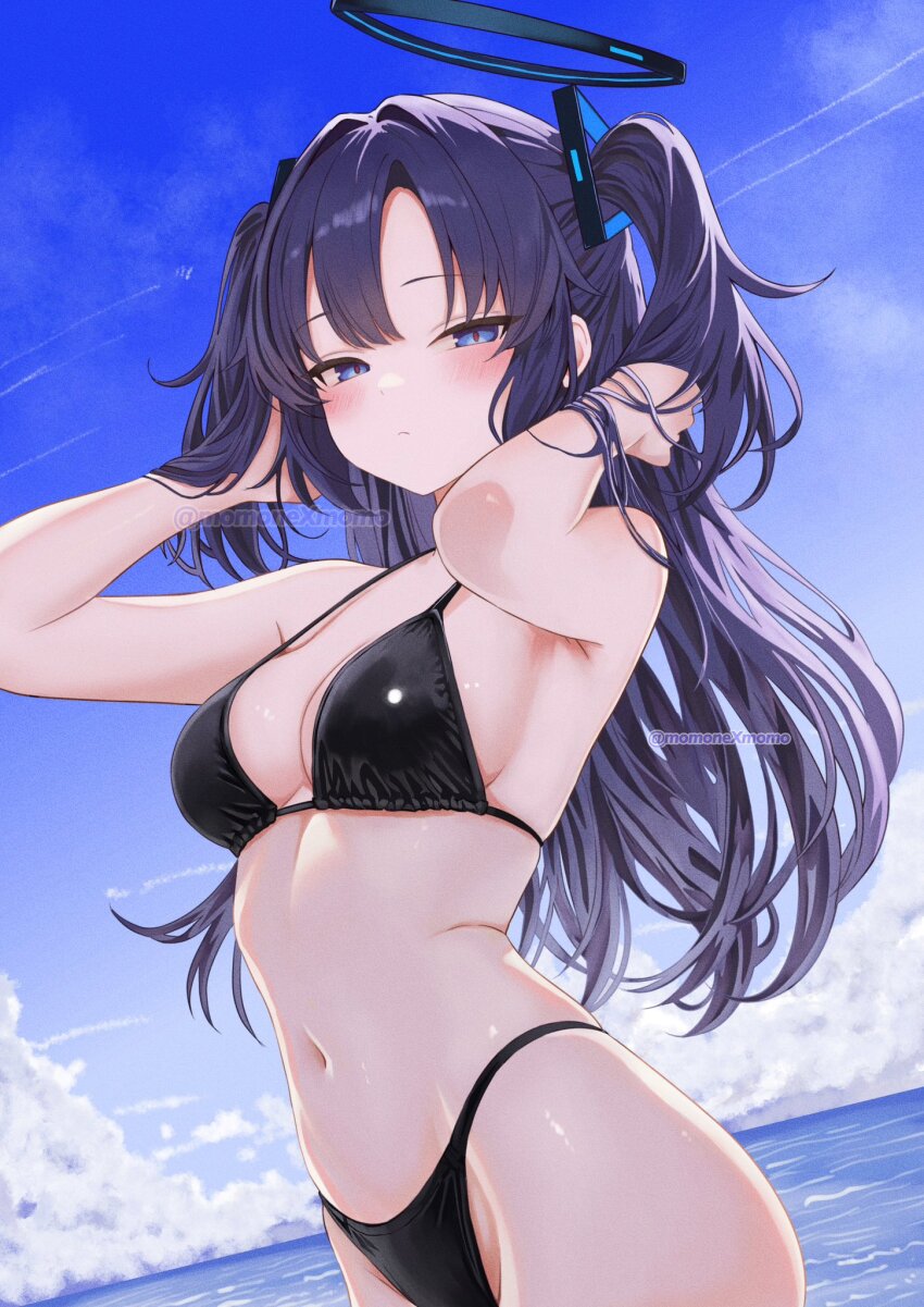 1girl alternate_costume backlighting bare_arms bare_shoulders bikini black_bikini black_halo blue_archive blue_eyes blue_sky blush breasts closed_mouth commentary cowboy_shot day film_grain frown groin hair_between_eyes hair_intakes hair_ornament halo halterneck hand_in_own_hair hands_up highres long_hair looking_at_viewer mechanical_halo medium_breasts momonexmomo navel ocean outdoors purple_hair red_pupils sideboob sky solo stomach strap_gap swimsuit triangle_hair_ornament twitter_username two_side_up yuuka_(blue_archive)