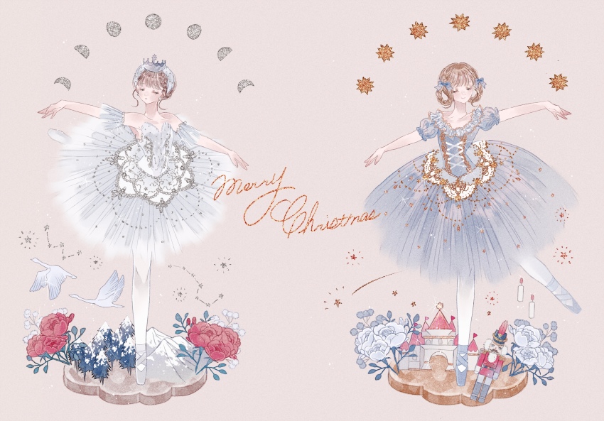2girls absurdres ballet bare_shoulders blue_dress blue_footwear blue_ribbon brown_hair building candle castle check_copyright constellation copyright_request crescent_moon crown dress english_text flower full_body full_moon gibbous_moon grey_footwear hair_ribbon half_moon highres moon moon_phases mountain multiple_girls nutcracker original pink_background puffy_short_sleeves puffy_sleeves red_flower ribbon sakuraba_suzu short_sleeves standing star_(symbol) swan_lake the_nutcracker tree white_dress white_flower white_legwear