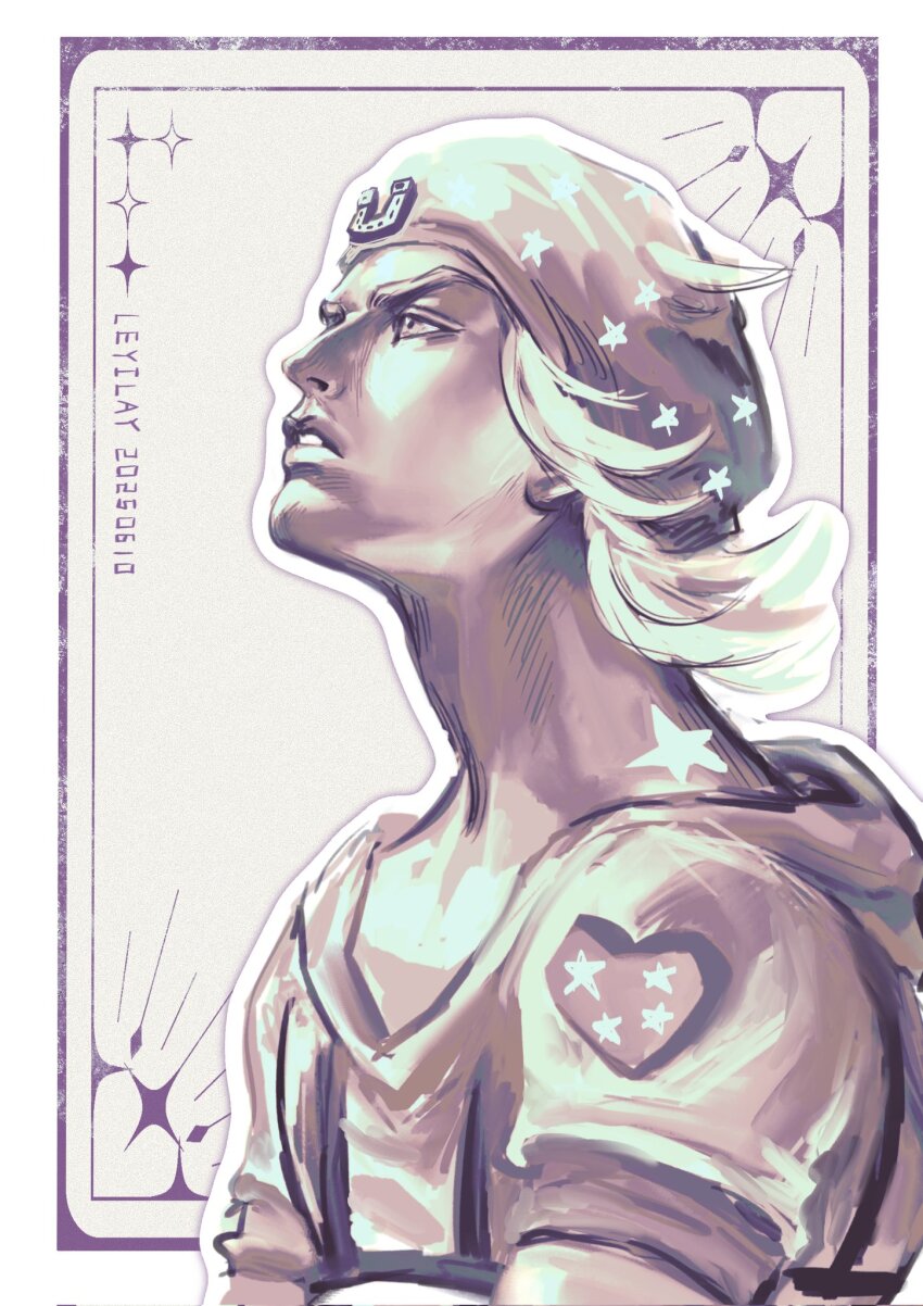 1boy beanie birthmark commentary commentary_request hat heart_ornament highres hood hood_down hoodie horseshoe_hat_ornament horseshoe_ornament joestar_birthmark johnny_joestar jojo_no_kimyou_na_bouken lay_llll male_focus medium_hair monochrome parted_lips profile short_sleeves signature solo star_(symbol) star_print steel_ball_run teeth upper_body