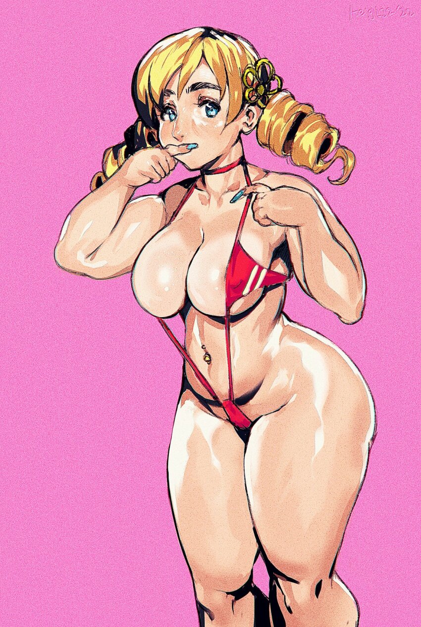 1girl aqua_nails belly blonde_hair blue_eyes breasts choker cleavage cosplay covered_erect_nipples covering_own_mouth cowboy_shot drill_hair fingernails hair_ornament hairpin highres k-on! keigi kotobuki_tsumugi large_breasts long_fingernails mahou_shoujo_madoka_magica mahou_shoujo_madoka_magica_(anime) medium_hair mismatched_eyebrows navel navel_piercing one-piece_swimsuit piercing pink_background plump pointing pointing_at_self red_choker red_one-piece_swimsuit slingshot_swimsuit solo standing swimsuit tan thick_eyebrows thick_thighs thighs tomoe_mami tomoe_mami_(cosplay) twin_drills