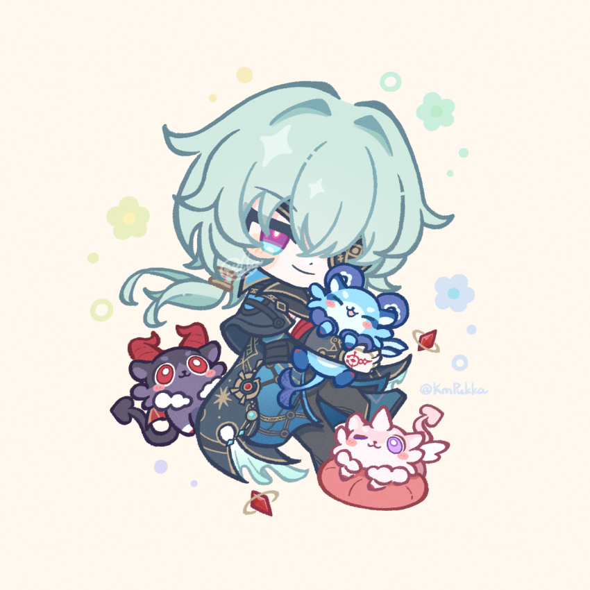 1boy ;3 ^_^ anaxa_(honkai:_star_rail) animal animal_hug aqua_hair artist_name black_capelet black_pants black_tail blue_eyes blush_stickers capelet chibi chibi_only chimera_(honkai:_star_rail) closed_eyes closed_mouth commentary_request creature curled_horns eyepatch floral_background full_body hair_intakes hand_tattoo happy happy_aura highres holding holding_creature honkai:_star_rail honkai_(series) horns kmpukka long_hair looking_at_another low_side_ponytail male_focus multicolored_eyes one_eye_closed one_eye_covered pants pink_tail purple_eyes red_eyes red_horns red_tattoo ring_hair_ornament simple_background smile solo standing standing_on_one_leg tattoo two-tone_eyes yellow_background