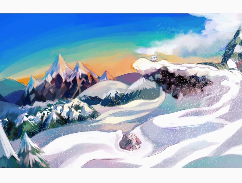 1girl beanie black_hair cloud dawn_(pokemon) game_freak gen_4_pokemon hair_ornament hat highres long_hair long_sleeves morning mountain mountainous_horizon nintendo one_eye_closed outdoors pine_tree pokemon pokemon_(creature) pokemon_dppt pokemon_platinum scarf scenery shichibee_(stm_mimi) sky snover snow tree white_hat white_scarf