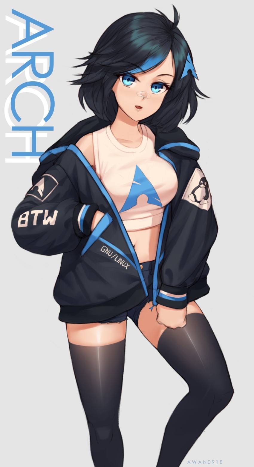 1girl absurdres arch_linux awan0918 bandaid bandaid_on_face bandaid_on_nose black_hair black_thighhighs blue_eyes blush breasts feet_out_of_frame grey_background hair_ornament highres hood hoodie large_breasts linux looking_at_viewer medium_hair navel open_mouth os-tan shorts simple_background solo thighhighs tux