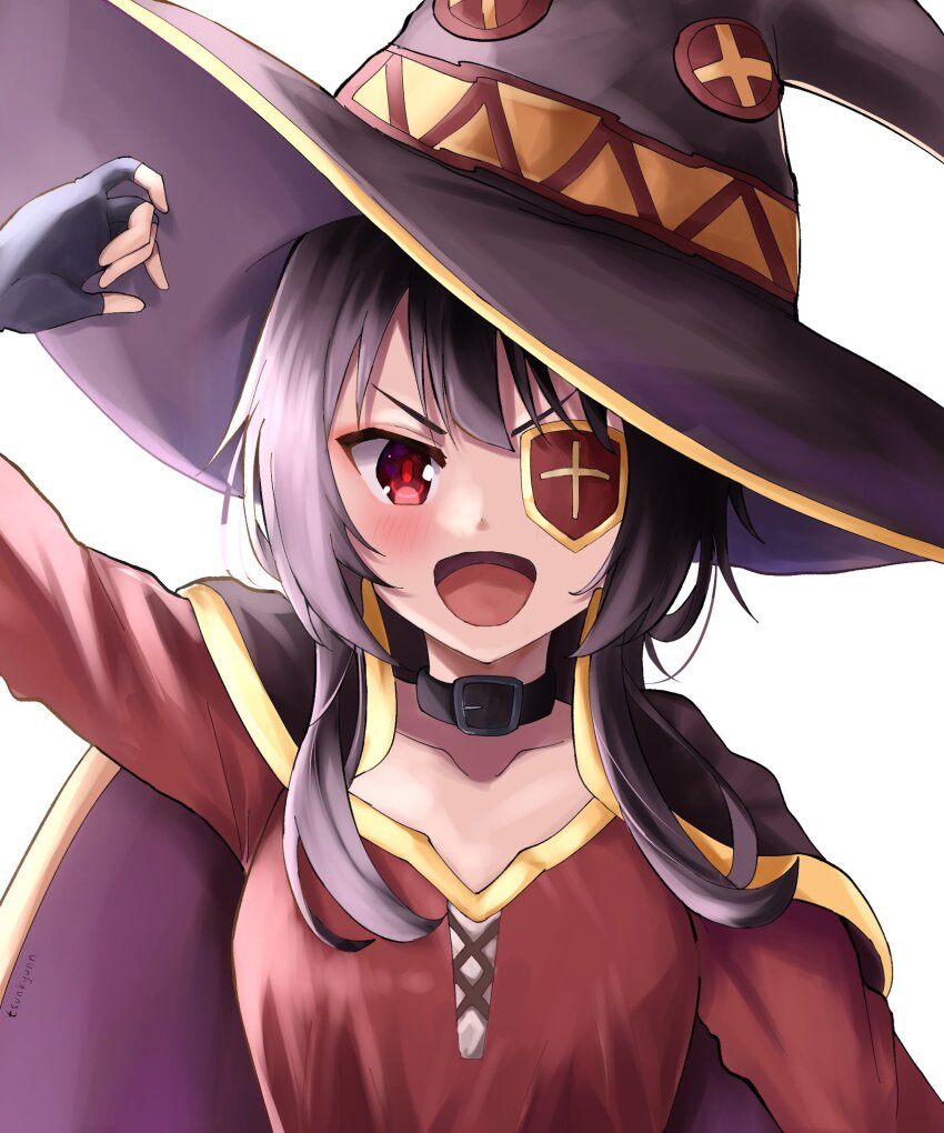 1girl belt_collar black_cape black_choker black_gloves black_hair black_hat breasts cape choker collar cropped_torso dress eyepatch fingerless_gloves gloves hand_up hat hat_tip highres kono_subarashii_sekai_ni_shukufuku_wo! looking_at_viewer megumin open_mouth red_dress red_eyes short_hair_with_long_locks simple_background small_breasts solo tilted_headwear tsunkyunn v-shaped_eyebrows white_background witch_hat