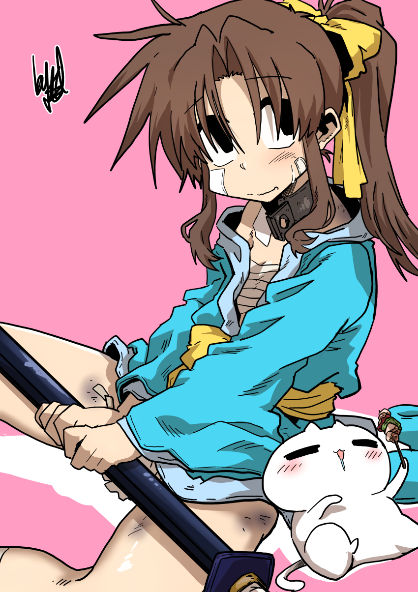 1girl absurdres bandaid bandaid_on_cheek bandaid_on_face blue_kimono bow brown_collar brown_hair bruise collar creature ed-chan_(edkuroki) edkuroki gauze gauze_on_cheek gauze_on_chest hair_bow hair_intakes highres holding holding_sword holding_weapon injury japanese_clothes katana kimono long_hair looking_to_the_side open_mouth original pink_background ponytail samurai sarashi sash sidelocks signature simple_background sitting sword wavy_mouth weapon wide_sleeves yellow_bow yellow_sash