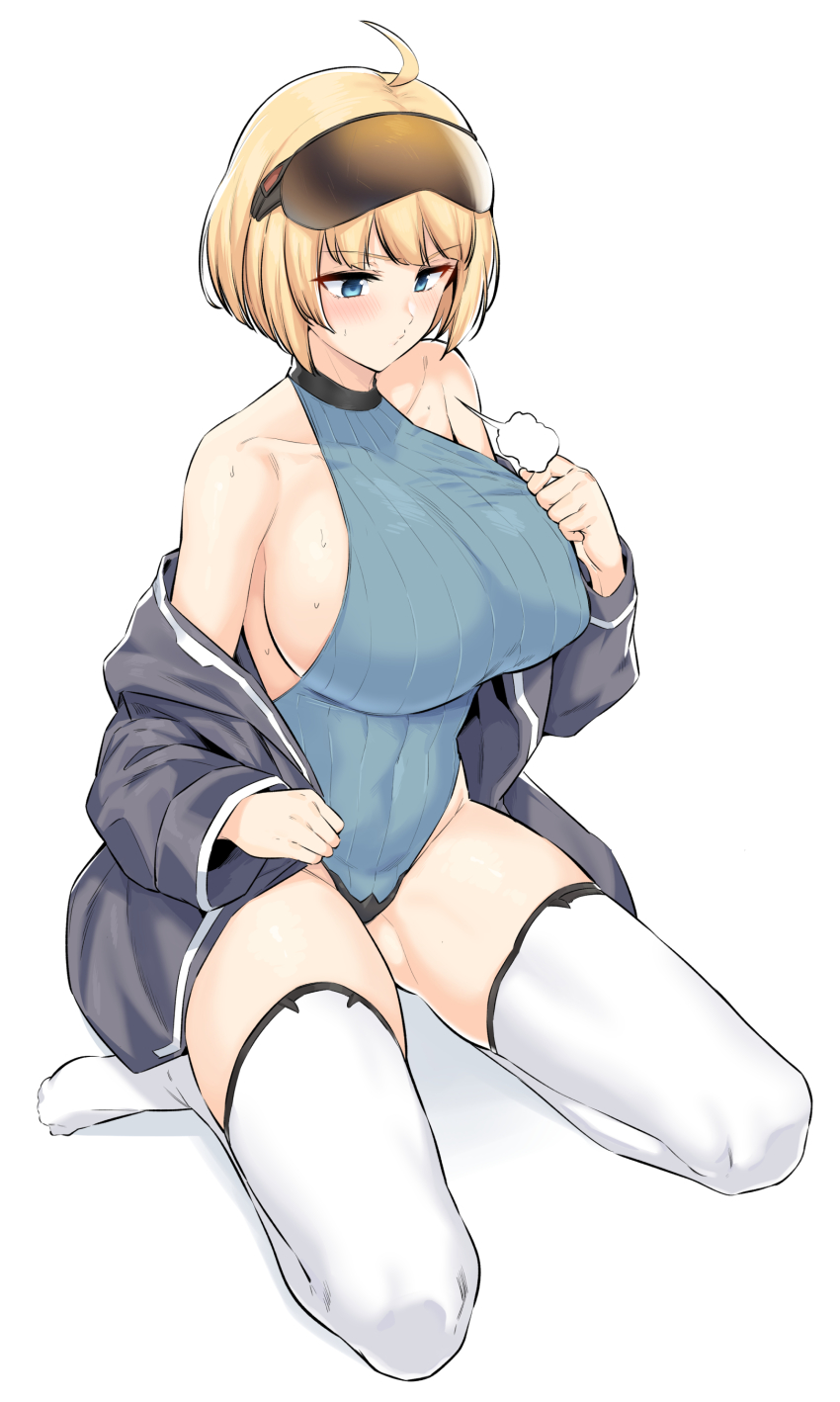 1girl absurdres ahoge blonde_hair blue_eyes blue_leotard breasts covered_navel goggles goggles_on_head griffon_(last_origin) highres huge_breasts kook last_origin leotard ribbed_leotard short_hair solo sweat thighhighs white_thighhighs