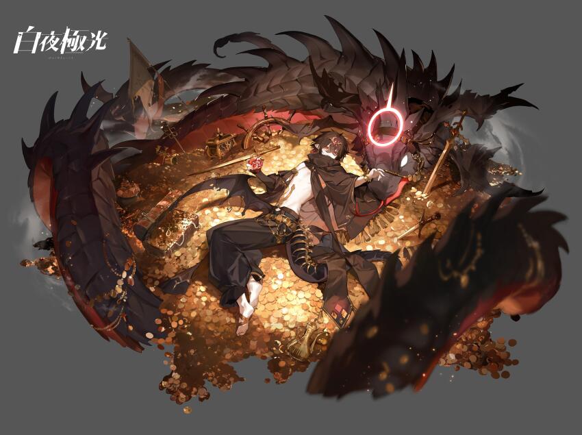 1boy absurdres alchemy_stars barefoot black_cloak black_hair black_pants black_wings cloak coin copyright_name dragon dragon_tail dragon_wings faux_figurine food fruit full_body grey_background halo hat_ornament highres holding holding_food holding_fruit logo looking_at_viewer low_wings lying male_focus official_art on_side open_mouth pants pointy_ears pomegranate red_eyes ship&#039;s_wheel single_wing solo sword tail treasure treasure_chest vic_(alchemy_stars) weapon wings yuzuo_de_yi_tiao_bianr