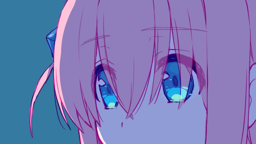1girl blue_background blue_eyes bocchi_the_rock! close-up cube_hair_ornament expressionless eye_focus gotoh_hitori hair_between_eyes hair_ornament hair_over_eyes highres long_hair looking_to_the_side nikyuppa one_side_up pink_hair simple_background sketch solo