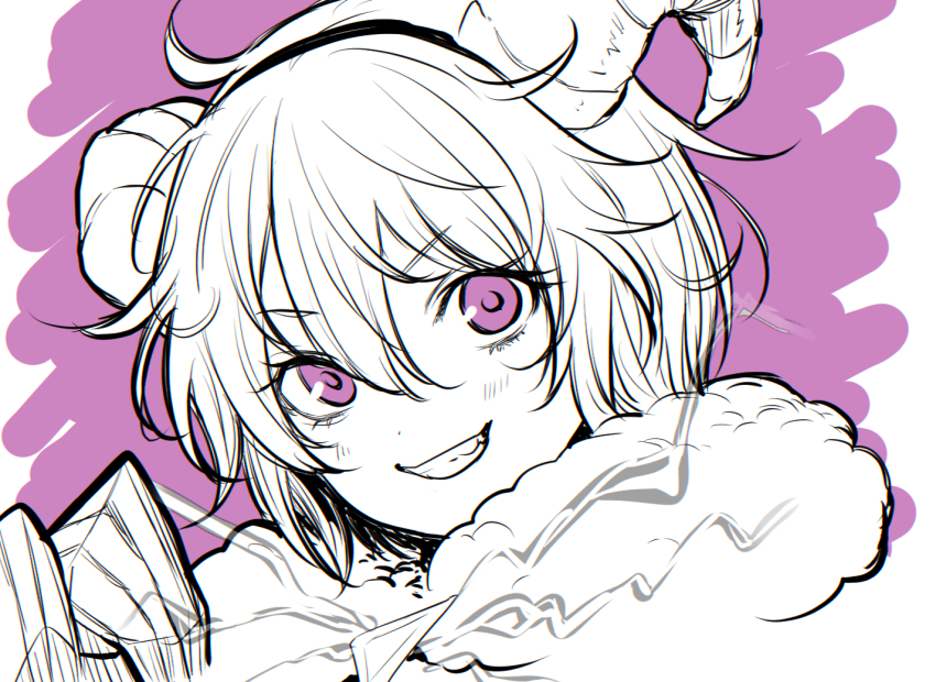 1girl blush claws don_quixote_(project_moon) e.g.o_(project_moon) electric_screaming_(e.g.o) greyscale greyscale_with_colored_background hand_up horns limbus_company looking_at_viewer maki_maki_(makimakipoipoi) monochrome parted_lips portrait project_moon purple_background purple_eyes sheep_horns short_hair smile solo spot_color