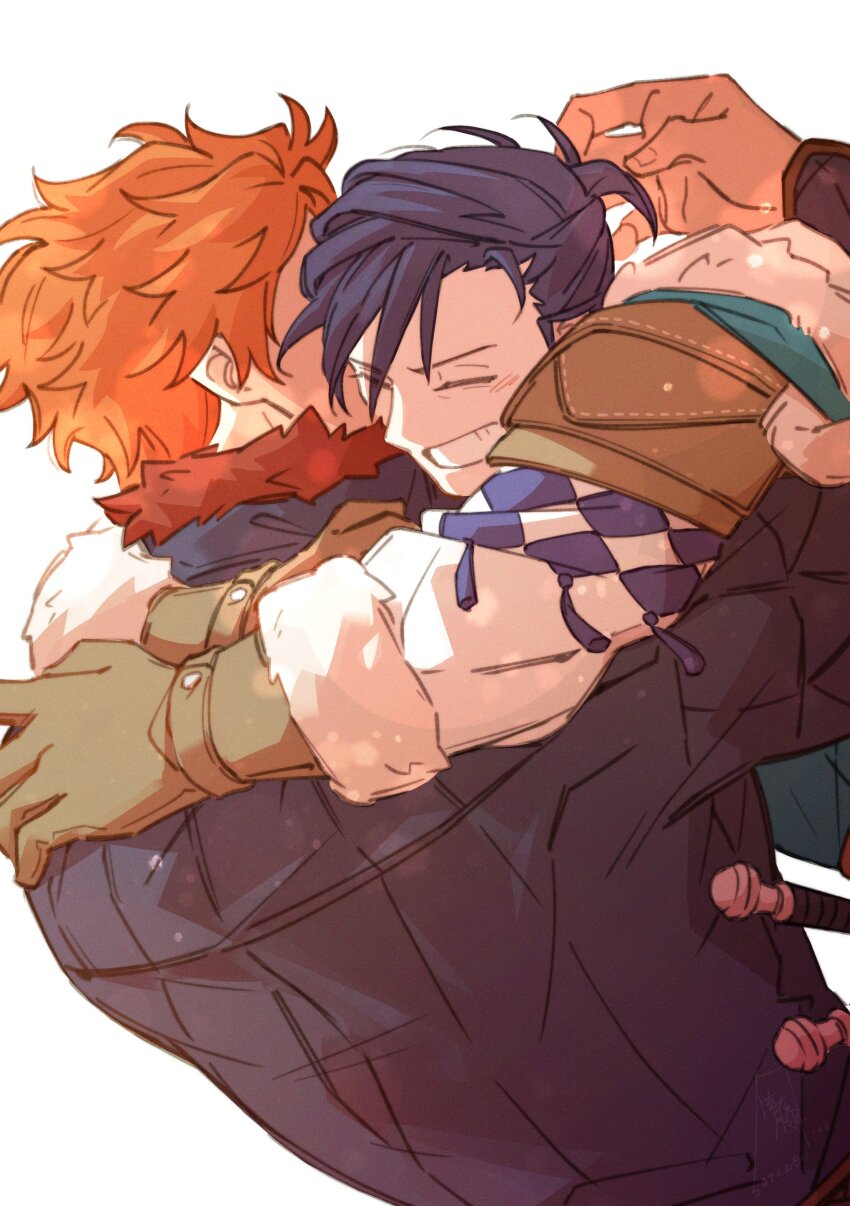 2boys absurdres aqua_cape arm_up armor arms_around_neck blue_hair brown_gloves cape closed_eyes commentary dark_blue_hair english_commentary felix_hugo_fraldarius fire_emblem fire_emblem:_three_houses fur-trimmed_cape fur-trimmed_gloves fur_trim gloves grin hair_between_eyes highres hover_hand hug leather_armor long_sleeves male_focus multiple_boys multiple_swords nintendo orange_hair ponytail red_fur satodee shirt short_hair short_ponytail simple_background smile sword sylvain_jose_gautier sylvain_jose_gautier_(timeskip) tassel teeth upper_body wavy_hair weapon white_background white_fur white_shirt yaoi