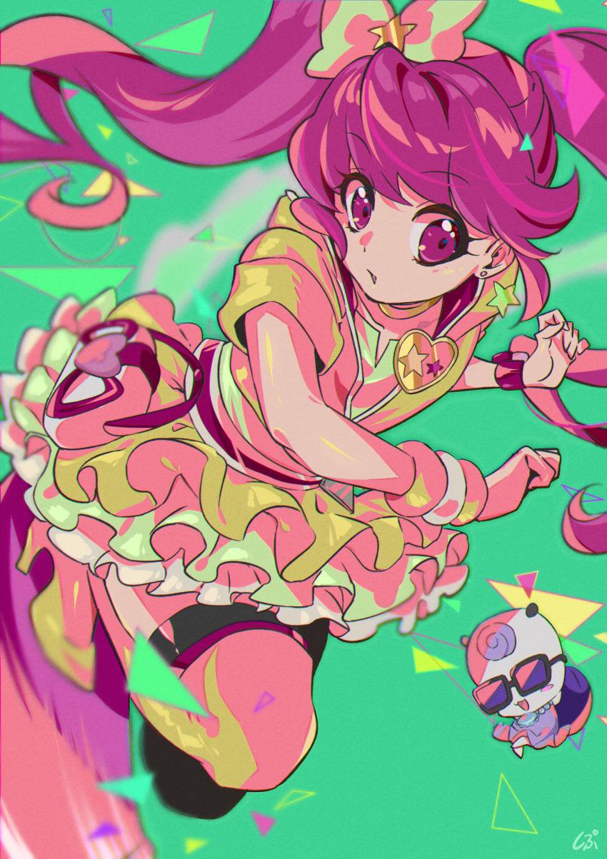 1girl aino_megumi bow bracelet brooch choker collarbone cure_lovely cure_lovely_(lollipop_hip_hop) earrings eyelashes floating_hair green_background hair_between_eyes hair_bow happinesscharge_precure! heart heart_brooch highres jacket jewelry layered_skirt long_hair magical_girl miniskirt multicolored_skirt open_mouth precure red_eyes red_hair shipu_(gassyumaron) shoes short_sleeves signature skirt solo star_(symbol) star_earrings twintails very_long_hair white_skirt yellow_choker yellow_jacket yellow_shoes yellow_skirt
