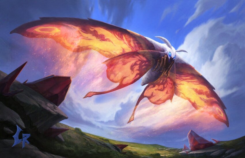 antennae bioluminescence blue_eyes blue_sky boulder bug butterfly chipyray cloud cloudy_sky compound_eyes crossover day flying full_body giant giant_monster glowing glowing_eyes glowing_wings godzilla_(series) godzilla_x_kong:_the_new_empire grass highres insect kaiju king_kong_(series) legendary_pictures mandibles monster monsterverse moth mothra nature no_humans no_pupils outdoors particles powder sky toho wings