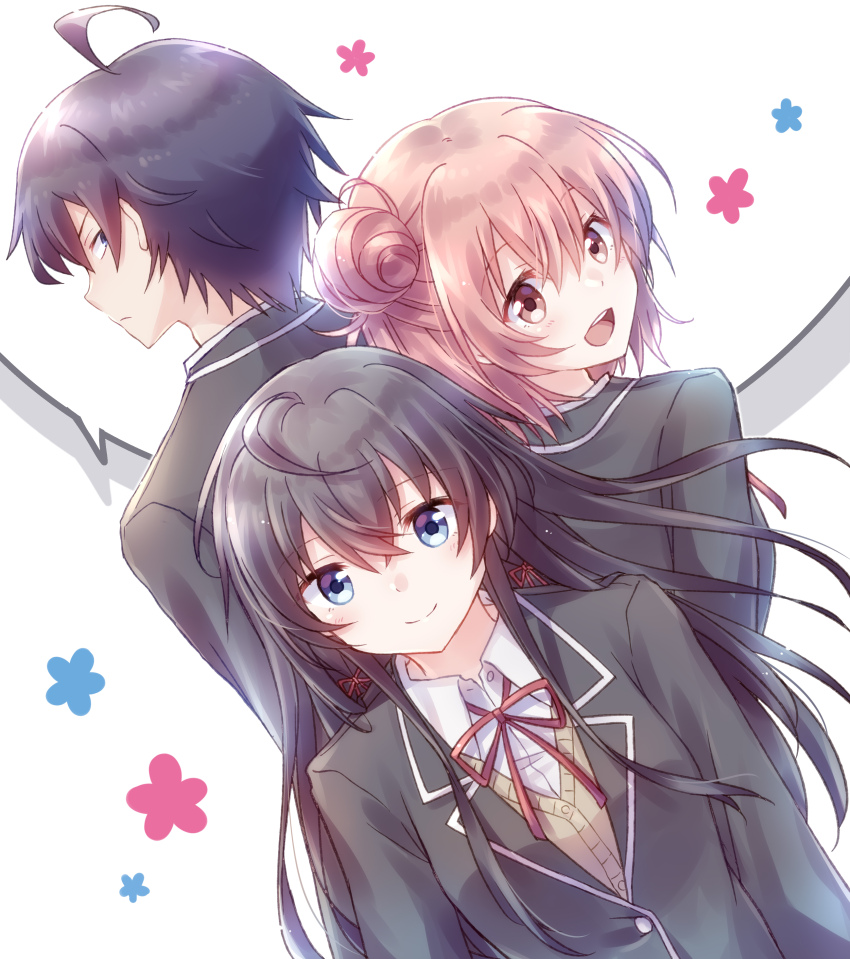 1boy 2girls absurdres ahoge black_hair black_jacket blazer blue_eyes brown_cardigan cardigan closed_mouth collared_shirt commentary dutch_angle hair_bun highres hikigaya_hachiman jacket long_hair looking_at_viewer multiple_girls neck_ribbon nyaa_(nnekoron) open_mouth orange_eyes orange_hair red_ribbon ribbon school_uniform shirt short_hair smile sobu_high_school_uniform teeth upper_body upper_teeth_only white_background white_shirt yahari_ore_no_seishun_lovecome_wa_machigatteiru. yuigahama_yui yukinoshita_yukino