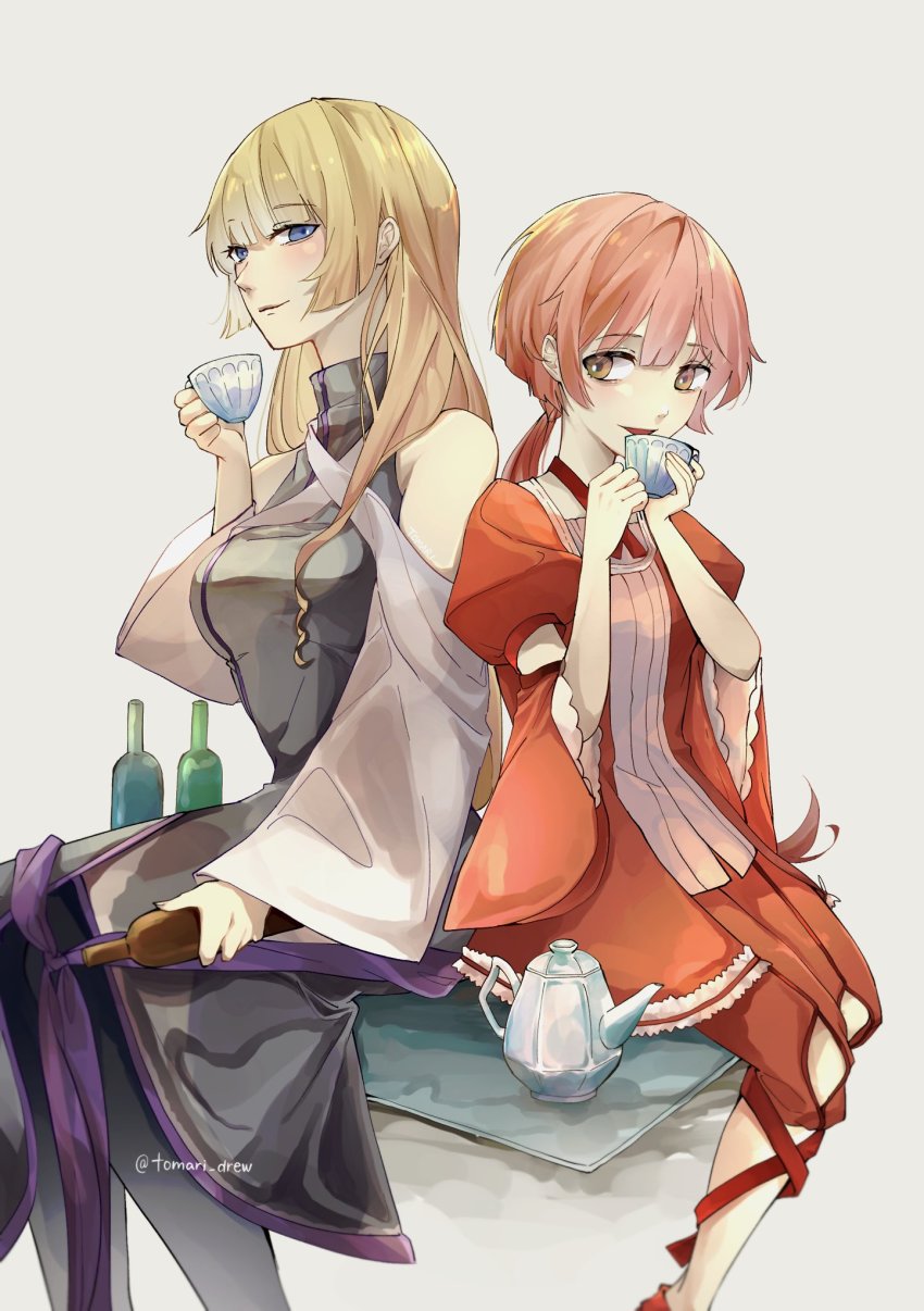 2girls alternate_hair_color arm_cutout back-to-back bare_shoulders blonde_hair blue_eyes blunt_bangs bottle breasts brown_eyes choker cup dress drinking elluka_chirclatia evillious_nendaiki grey_dress height_difference highres holding holding_cup irina_clockworker knee_cutout large_breasts ma_survival_(vocaloid) megurine_luka multiple_girls nekomura_iroha pink_hair ponytail red_choker sitting small_breasts smile tea tea_set teacup teapot tomari_drew twitter_username vocaloid wide_sleeves