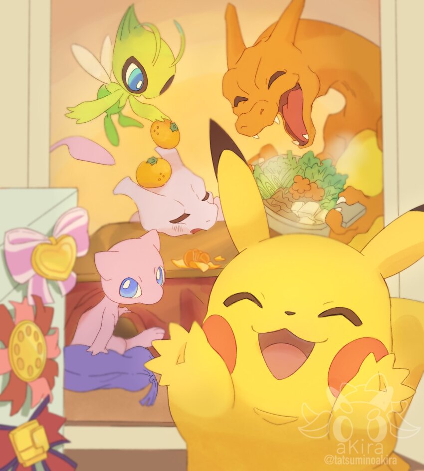 akira_(akira_art_poke) antennae artist_name badge blush celebi charizard claws closed_eyes commentary_request cooking_pot fangs food fruit gen_1_pokemon gen_2_pokemon gym_leader_badge happy highres horns indoors legendary_pokemon mew_(pokemon) mewtwo mythical_pokemon nintendo no_humans open_mouth orange_(fruit) pikachu pokemon pokemon_(creature) ribbon sitting sleeping smile steam tongue twitter_username wings