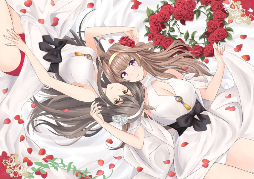 2girls ahoge black_hair brown_eyes brown_hair cleavage_cutout clothing_cutout cosplay dress flower hair_flower hair_ornament hairband haruna_(kancolle) highres kantai_collection kongou_(anniversary)_(kancolle) kongou_(kancolle) kongou_(kancolle)_(cosplay) long_hair looking_at_viewer lying matching_outfits multiple_girls official_alternate_costume panties purple_eyes red_flower red_panties red_rose rose takase_asagiri underwear white_dress white_panties