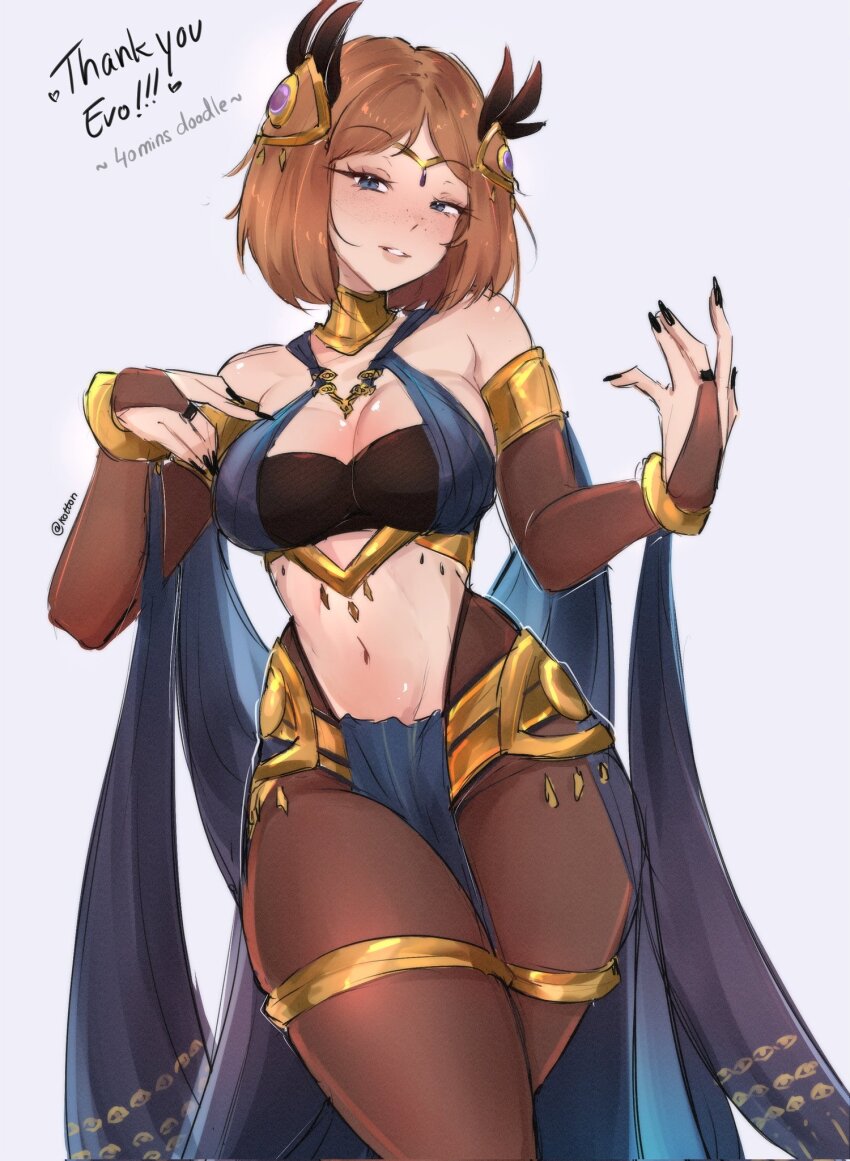 1girl alternate_costume blue_eyes borrowed_character breasts brown_bridal_gauntlets brown_hair brown_pantyhose cleavage commentary commission commissioner_name cosplay dancer dorothea_arnault dorothea_arnault_(plegian) dorothea_arnault_(plegian)_(cosplay) english_commentary female_kiran_(fire_emblem) fire_emblem fire_emblem_heroes highres kiran_(fire_emblem) large_breasts navel nintendo pantyhose parted_bangs parted_lips serafineart1001 short_hair sideboob simple_background sketch skindentation smile stomach thank_you white_background