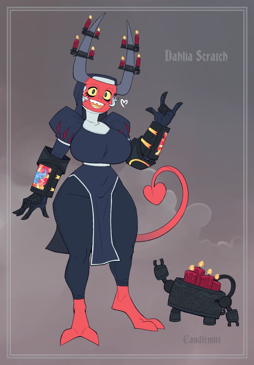 1girl candle candlemite_(thedansome) colored_skin dahlia_scratch_(thedansome) demon_girl demon_horns demon_tail dungeons_&amp;_dragons familiar golem highres horns nun original sharp_teeth short_hair smile tail teeth thedansome tiefling white_hair