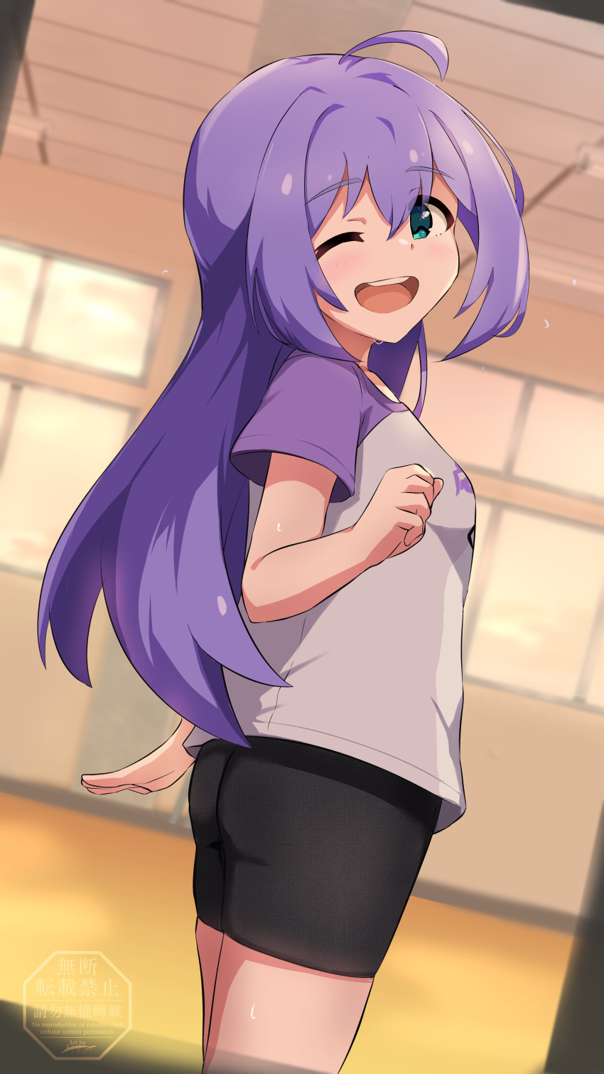 1girl :d absurdres ahoge aqua_eyes arm_at_side breasts clenched_hand cowboy_shot dutch_angle from_side gym hair_between_eyes hand_up highres idolmaster idolmaster_million_live! idolmaster_million_live!_theater_days indoors long_hair looking_at_viewer looking_to_the_side mochizuki_anna one_eye_closed open_mouth purple_hair sanami_(sanami_t_38) shirt short_sleeves small_breasts smile solo sportswear standing sweat t-shirt teeth upper_teeth_only white_shirt