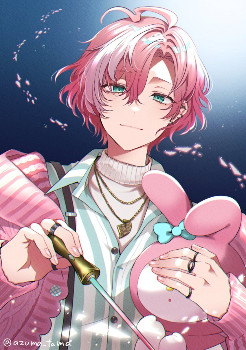 1boy ahoge aqua_shirt barbell_piercing blue_background cardigan covering_another&#039;s_eyes curtained_hair ear_piercing fingernails fragaria_memories gradient_background hair_between_eyes highres holding holding_wand industrial_piercing jewelry light_particles long_sleeves looking_at_viewer male_focus merold_(fragaria_memories) mole mole_under_eye multiple_rings my_melody necklace norarikurari333 off_shoulder onegai_my_melody open_cardigan open_clothes piercing pink_cardigan pink_hair rabbit ring sanrio shirt short_hair side_part smile solo striped_clothes striped_shirt suspenders sweater sweater_under_shirt turtleneck turtleneck_sweater twitter_username upper_body vertical-striped_clothes vertical-striped_shirt wand white_shirt white_sweater wing_collar