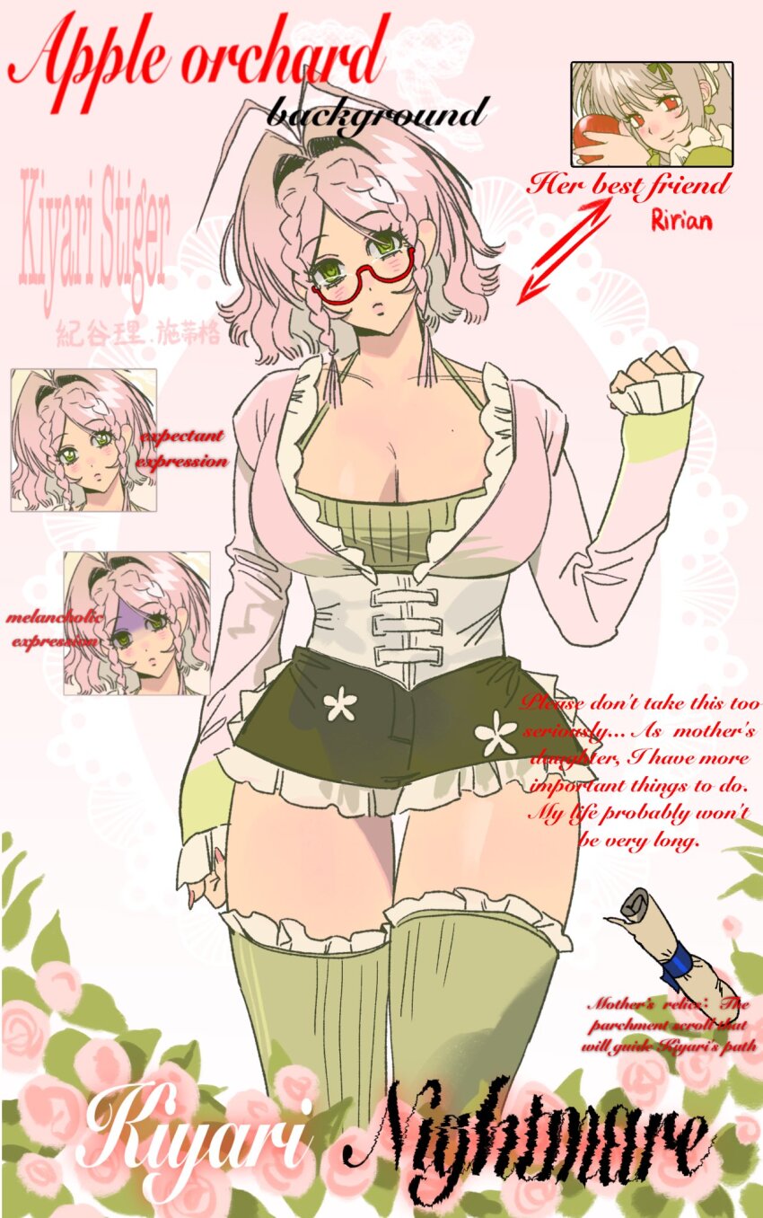 blush braided_sidelocks breasts cleavage corset frilled_sleeves frills green_eyes highres kiyari0628 large_breasts long_sleeves miniskirt original pink_hair skirt smile thighhighs white_corset