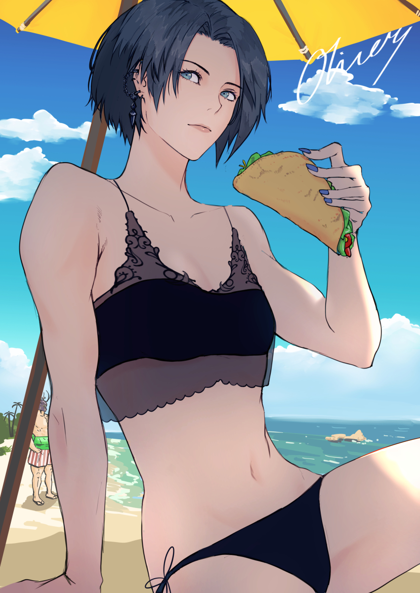 1boy 1girl absurdres arm_support beach bikini black_bikini black_hair blue_eyes blue_nails breasts day ear_piercing earrings expressionless final_fantasy final_fantasy_xiv food golbez helmet highres holding holding_food hyur jewelry looking_at_viewer navel oliver_(oliverclassict) outdoors piercing short_hair signature sitting small_breasts solo_focus swimsuit taco zero_(ff14)
