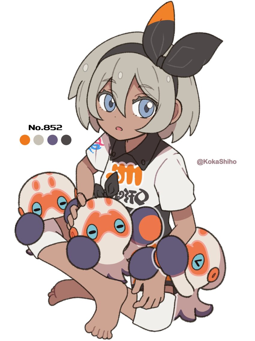 1girl barefoot bea_(pokemon) black_hairband blue_eyes bow_hairband clobbopus collared_shirt color_guide eyelashes feet gen_8_pokemon grey_hair hair_between_eyes hairband highres knee_pads kokashiho looking_up medium_hair mixed-language_commentary nintendo on_lap open_mouth pokemon pokemon_(creature) pokemon_on_lap pokemon_swsh print_shirt shirt short_sleeves simple_background sitting toes twitter_username white_background white_shirt