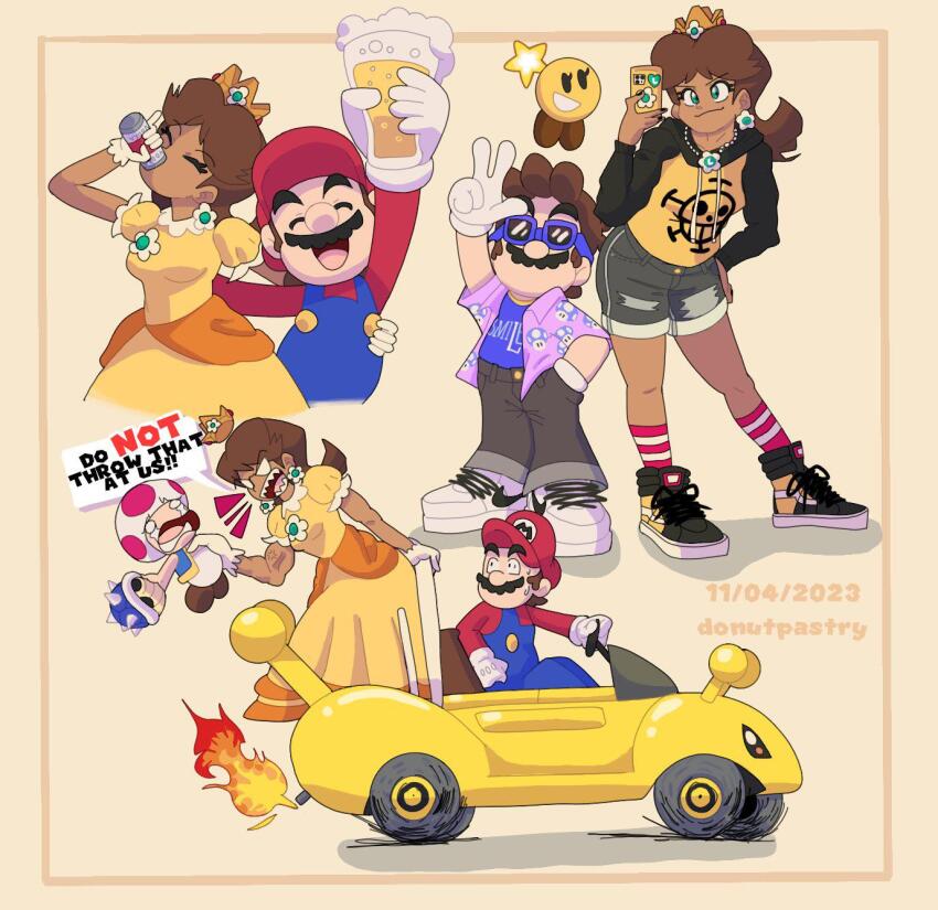 1boy 1girl _double_dash!! alcohol angry beer blue_eyes blue_shell_(mario) breasts brown_hair crown donutpastry dress drinking earrings facial_hair flipped_hair flower_earrings friends gloves grin hat highres jewelry looking_at_another mario mario_&amp;_luigi_rpg mario_(series) mario_k mario_kart mustache nintendo open_mouth orange_dress overalls princess_daisy puffy_short_sleeves puffy_sleeves short_sleeves shorts smile starlow sunglasses toad_(mario)
