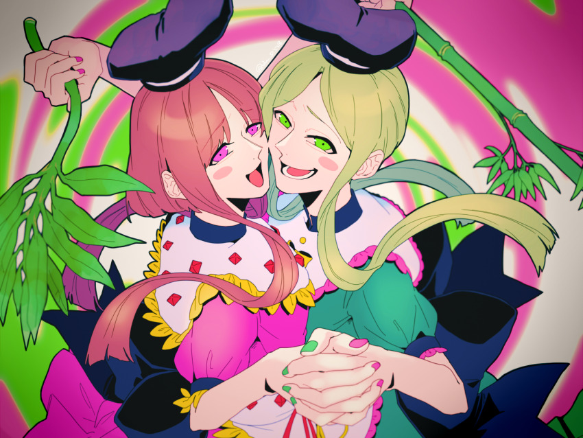 2girls :d apron arm_up back_bow bamboo black_bow black_hat blush_stickers bow brown_hair cheek-to-cheek commentary_request dress frilled_apron frilled_shirt_collar frills from_above gem green_dress green_eyes green_hair green_nails hat heads_together holding holding_plant interlocked_fingers looking_at_viewer lower_teeth_only multiple_girls myouga_(plant) nishida_satono open_mouth parted_bangs partial_commentary pink_dress pink_eyes pink_nails plant puffy_short_sleeves puffy_sleeves raya_(uk_0128) red_gemstone short_hair_with_long_locks short_sleeves sidelocks smile spiral spiral_background tate_eboshi teeth teireida_mai touhou waist_apron white_apron