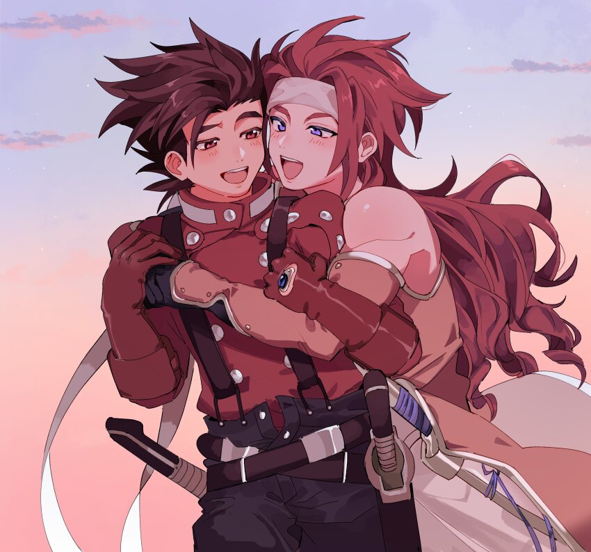2boys absurdres aemono_(lemolemo_lmn) blue_eyes blush brown_hair gloves happy headband highres hug jacket laughing lloyd_irving long_hair looking_at_another male_focus multiple_boys open_mouth pants red_hair scabbard sheath short_hair sky smile sword tales_of_(series) tales_of_symphonia weapon white_headband yaoi zelos_wilder