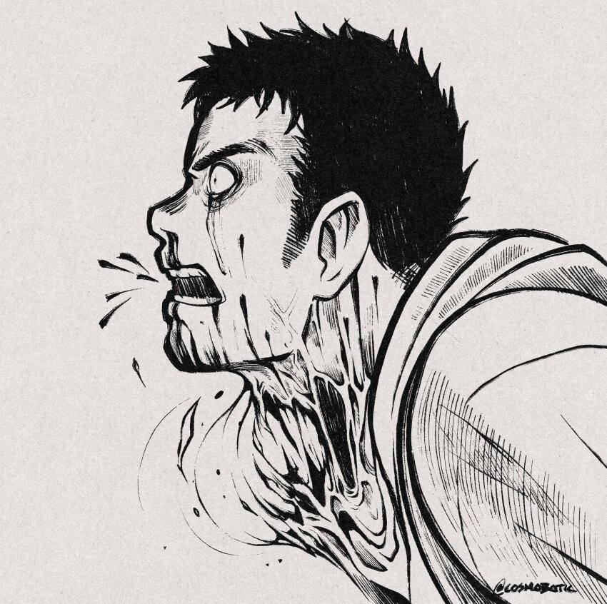 1boy aikawa_(dorohedoro) blood blood_drop blood_on_face body_horror csmbtc dorohedoro from_side greyscale highres male_focus monochrome open_mouth short_hair sideburns simple_background solo tears teeth torn_skin twitter_username veins veiny_neck